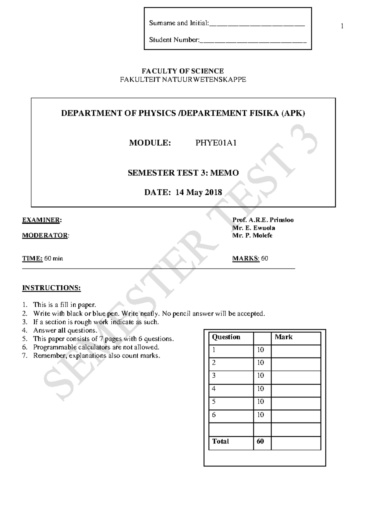 PHYE0A1 Semester Test 3 2018 Memo - 1 Surname and Initial ...
