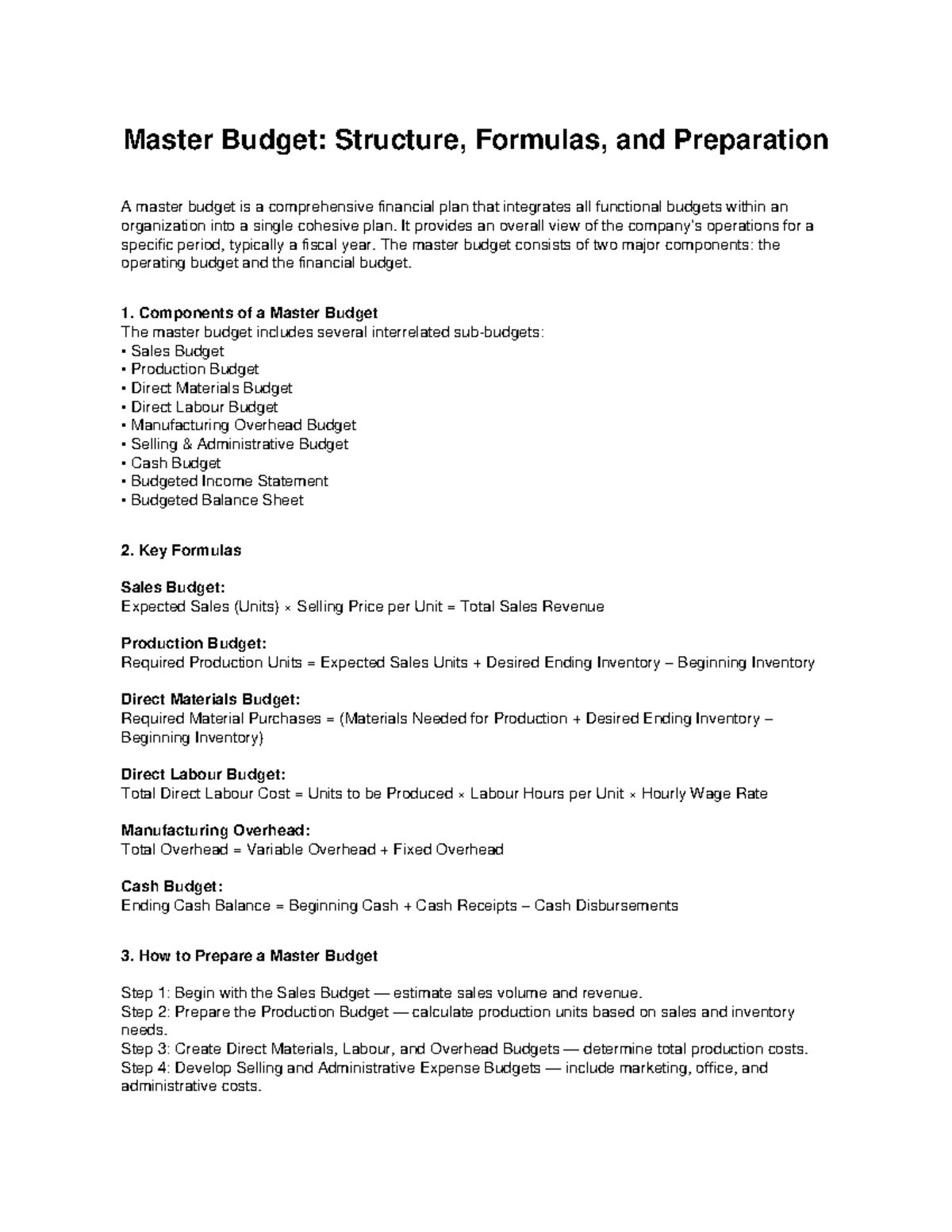 Master Budget (FIN 301): Structure, Formulas, and Preparation Guide ...
