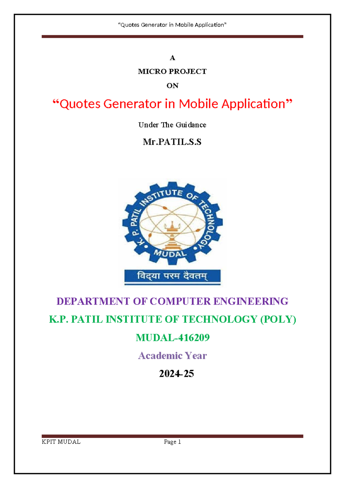 Micro Project on Mobile Quote Generator - Computer Engineering (6th Sem ...