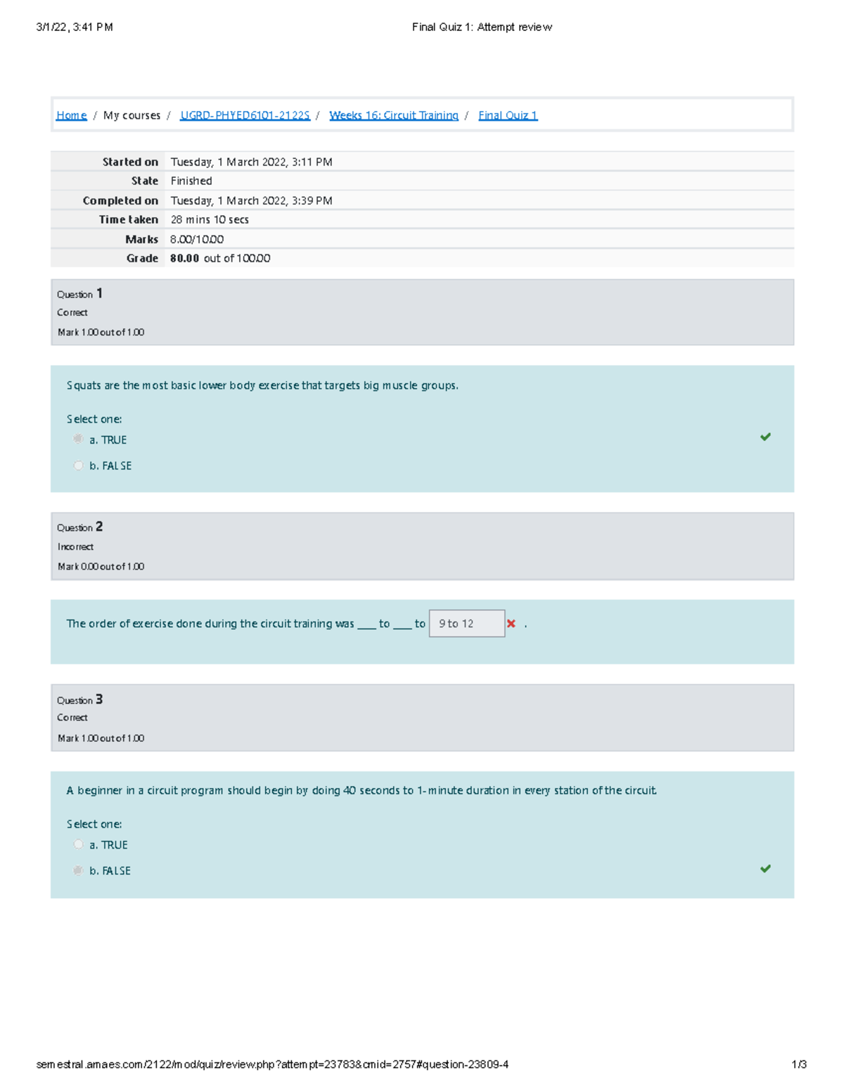 UGRD-PHYED6101 Final Quiz 1 Attempt Review and Feedback - Studocu