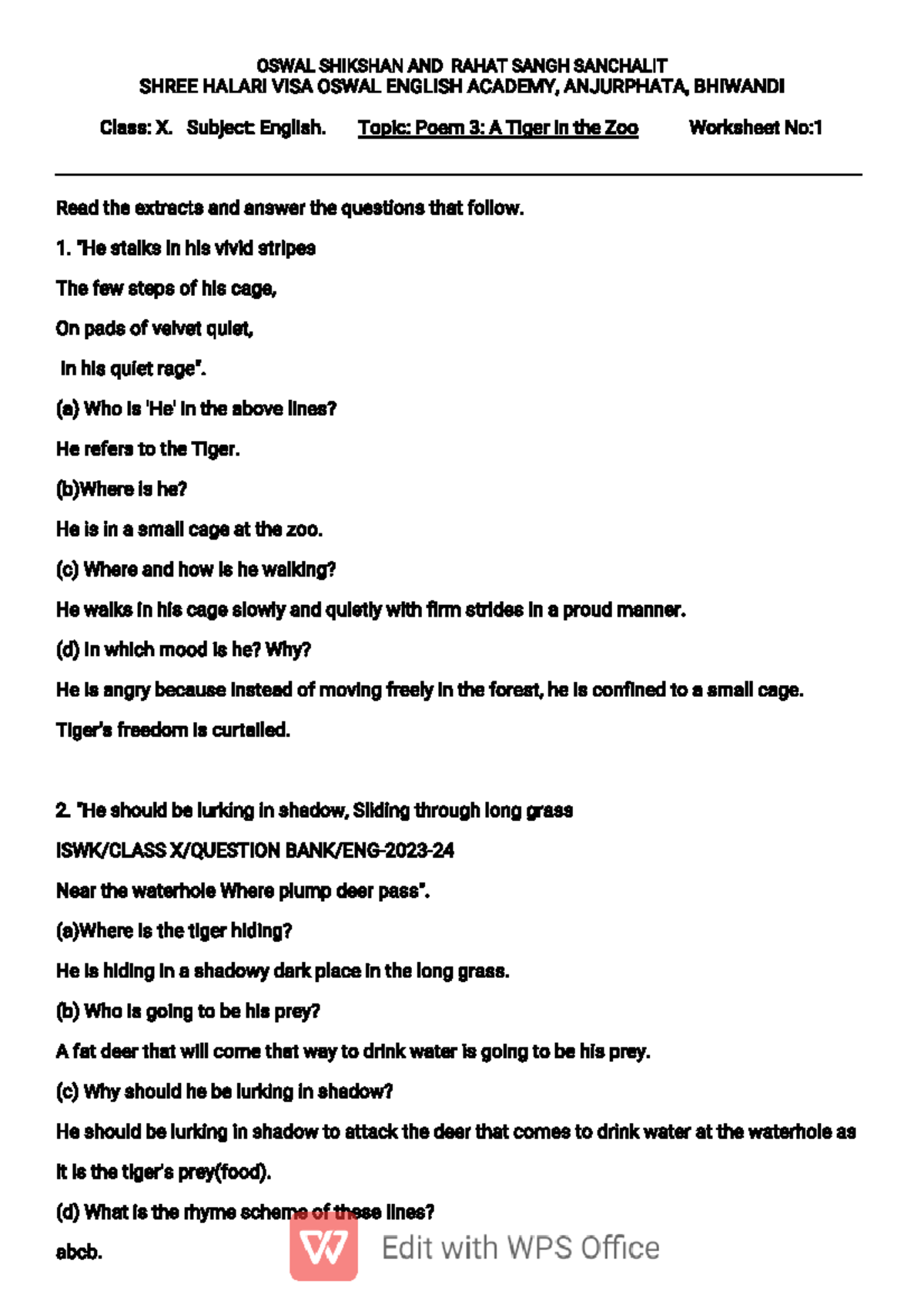 OSWAL SHIKSHAN AND RAHAT SANGH: Class X English Poem Worksheet on quot A