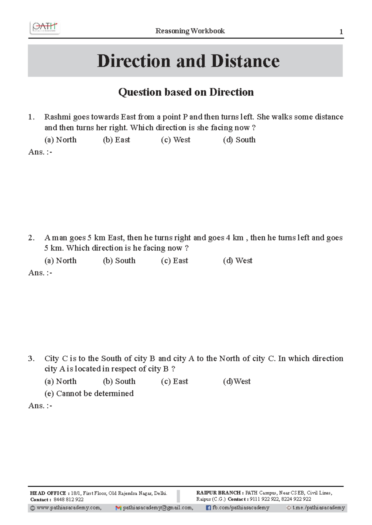 Direction and Distance Reasoning Workbook for UPSC Foundation - Studocu