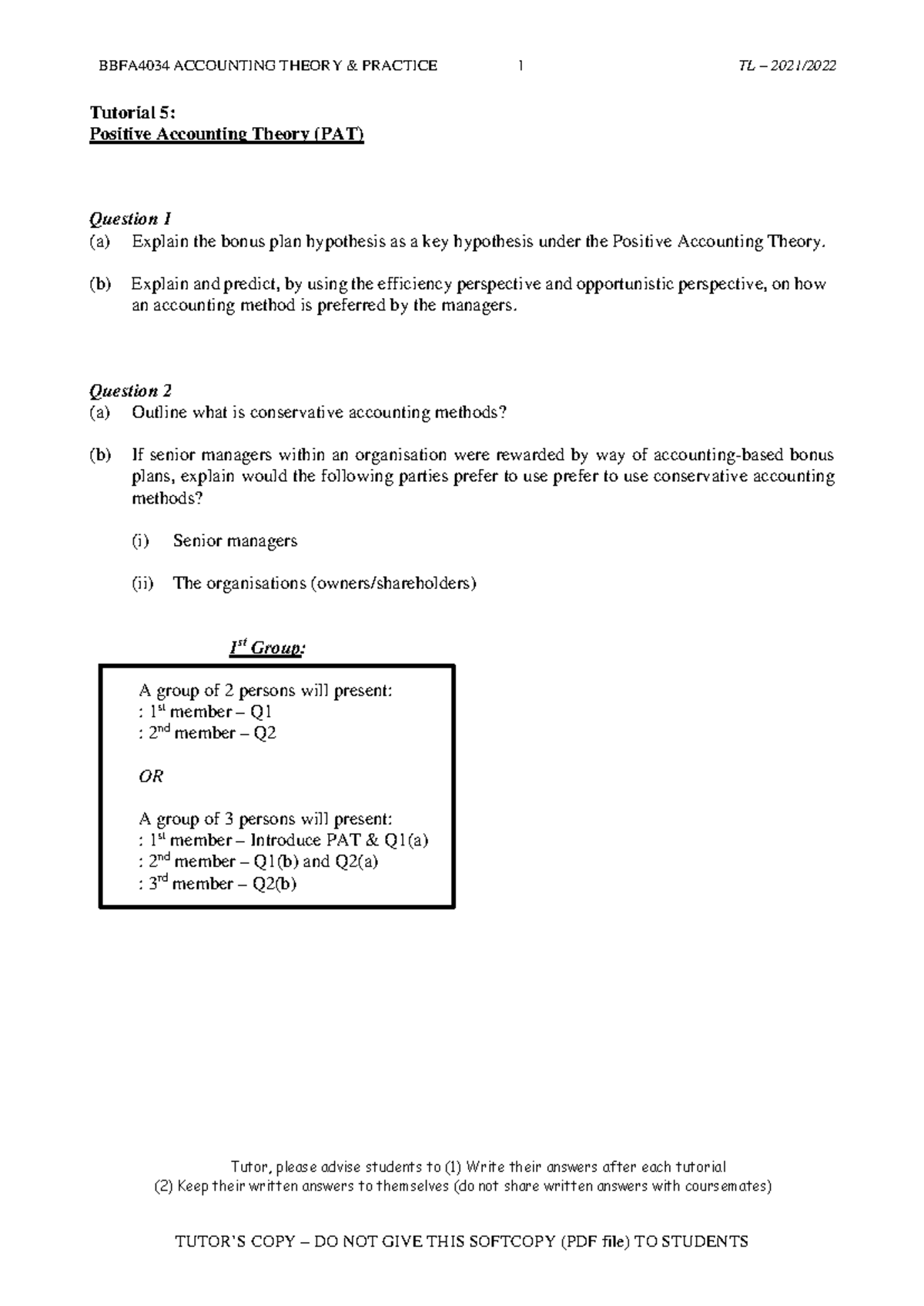T5 PAT BBFA4034 ATP 2021 (tutor) - Tutorial 5: Positive Accounting ...