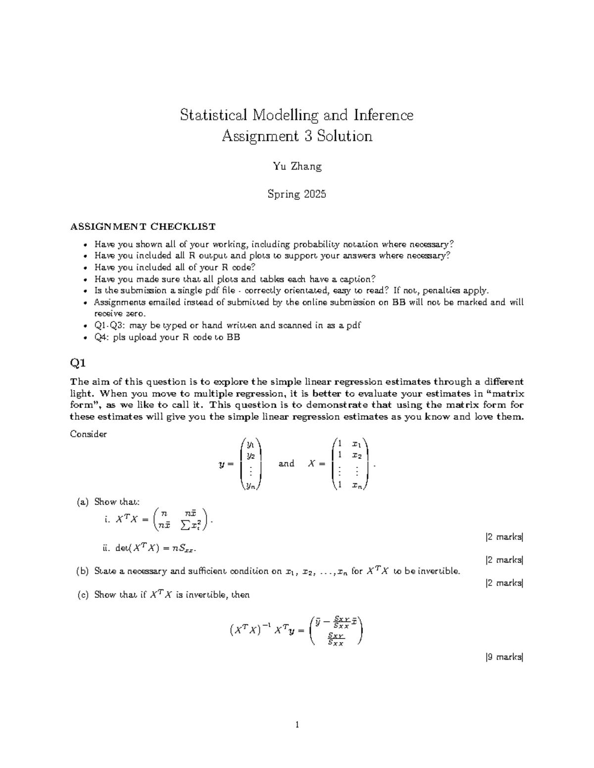 Statistical Modelling and Inference A4 - Assignment Checklist ...