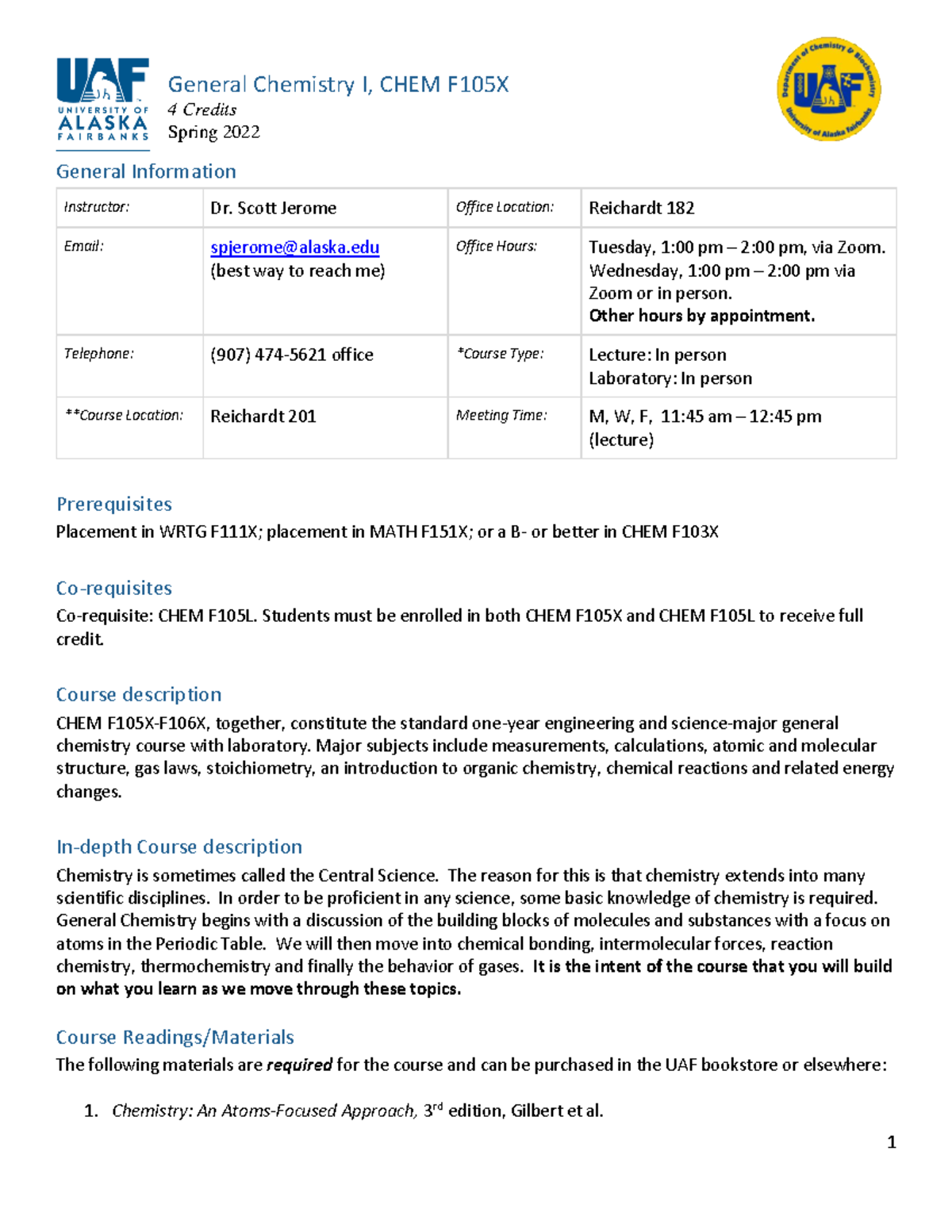 Syllabus for CHEM 105: General Chemistry Lecture - Spring 2022 - Studocu