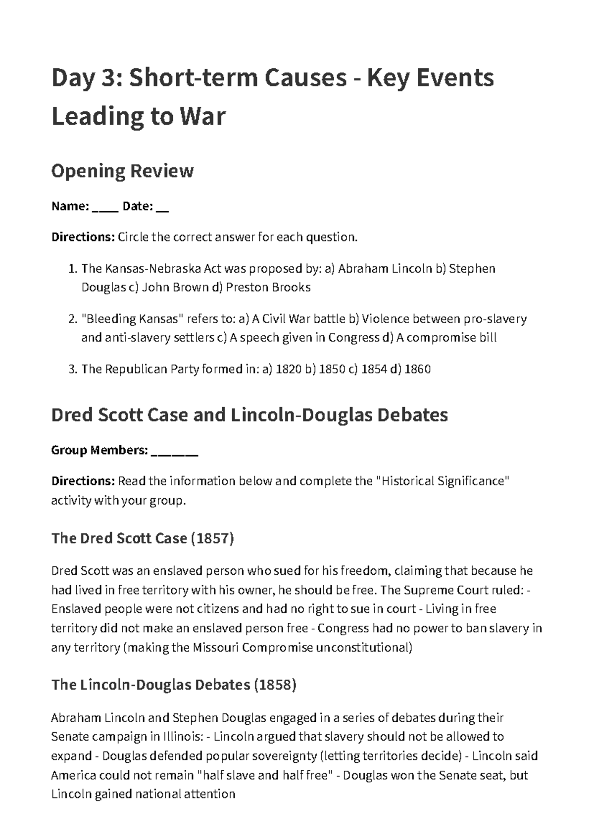 Day 3: Key Events & Short-term Causes Leading to War Review - Studocu