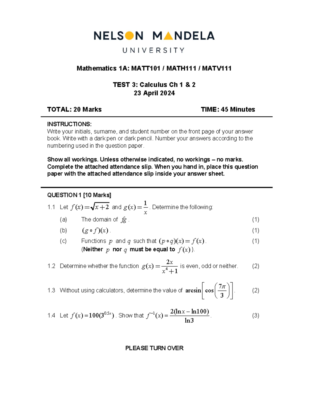 Mathematics 1A: MATT101 Test 3 - Calculus Questions and Instructions ...