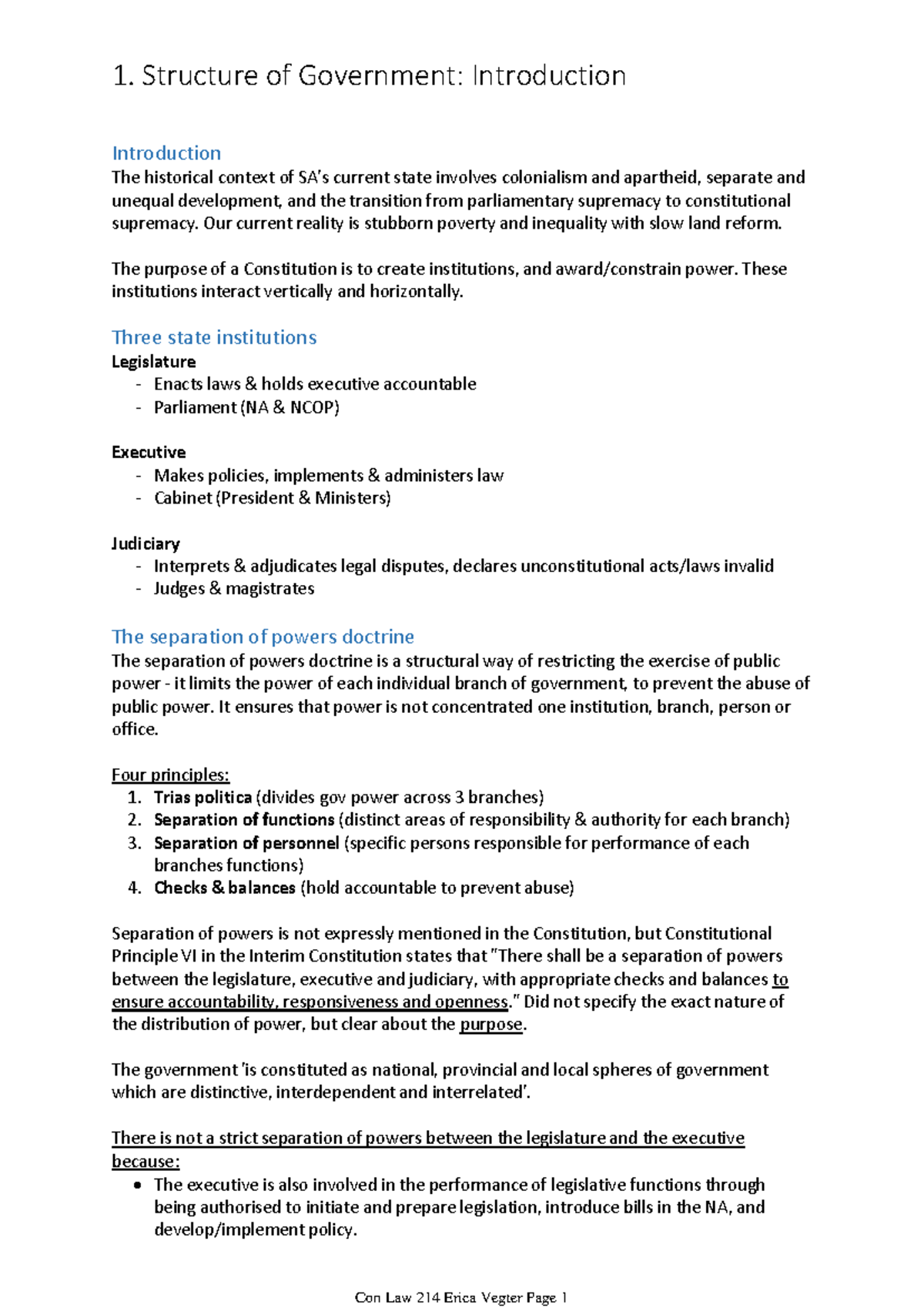 Con Law 214 A1 Notes: Structure of Government and Separation of Powers ...