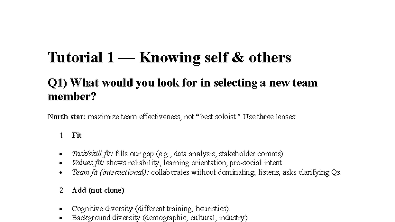 Tutorial Questions on Team Dynamics and Motivation Strategies - Studocu