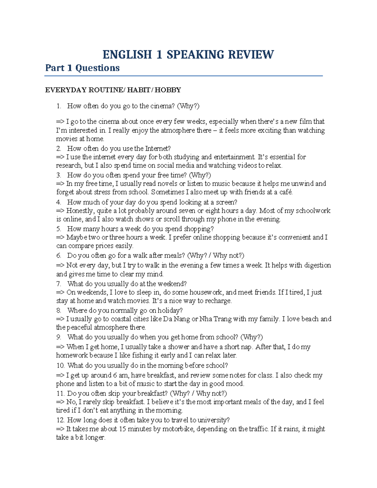 ENGLISH 1 SPEAKING REVIEW: Everyday Questions & Answers - Studocu
