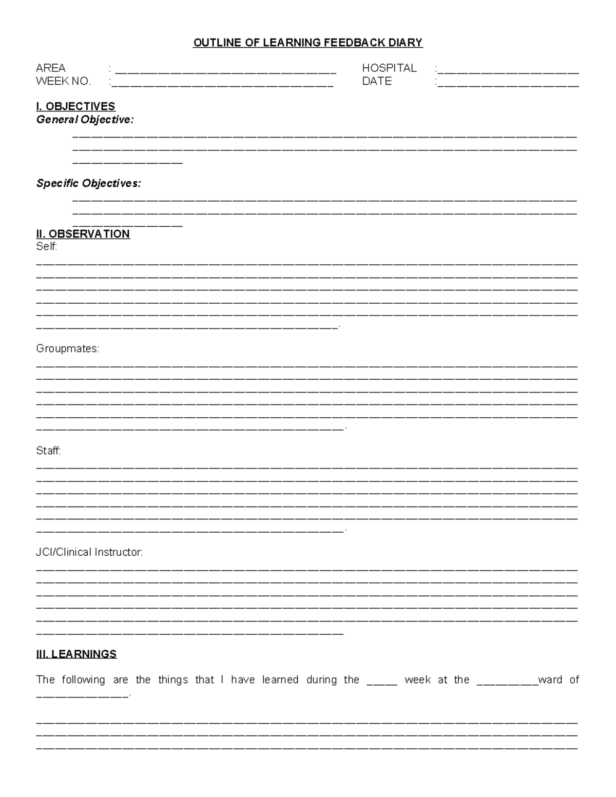 Learning Feedback Diary for Hospital Week and Objectives - Studocu