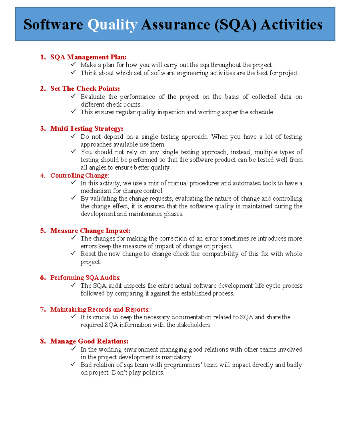 SQA 101: Key Activities for Effective Software Quality Assurance - Studocu