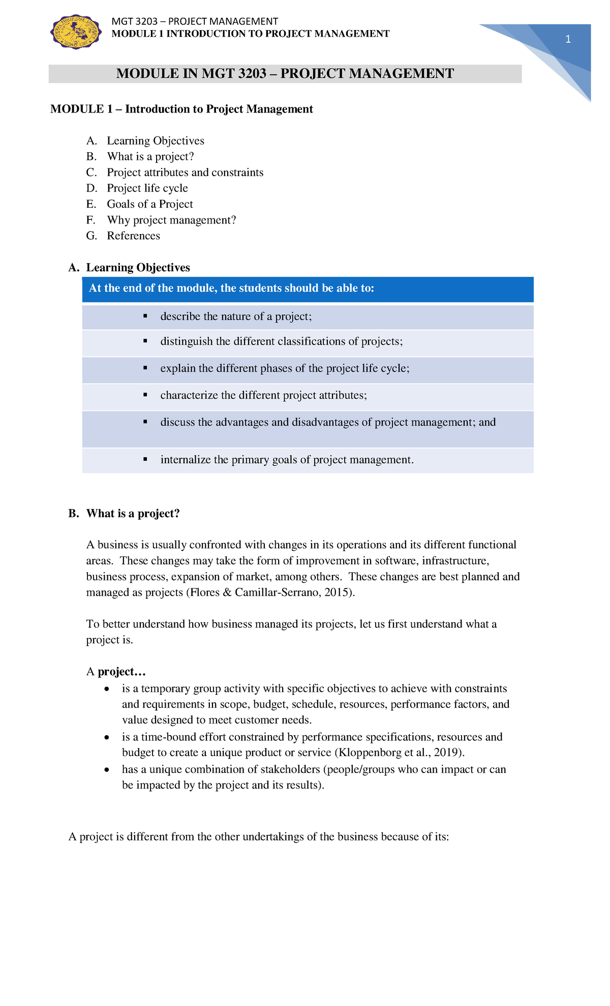 Introduction to Project Management - Learning Objectives B. What is a ...
