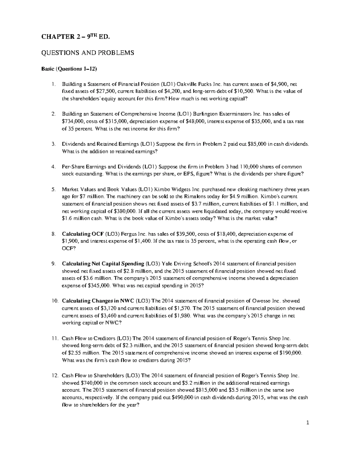 Chapter 2-9TH - Financial Statement Exercises and Problems - Studocu