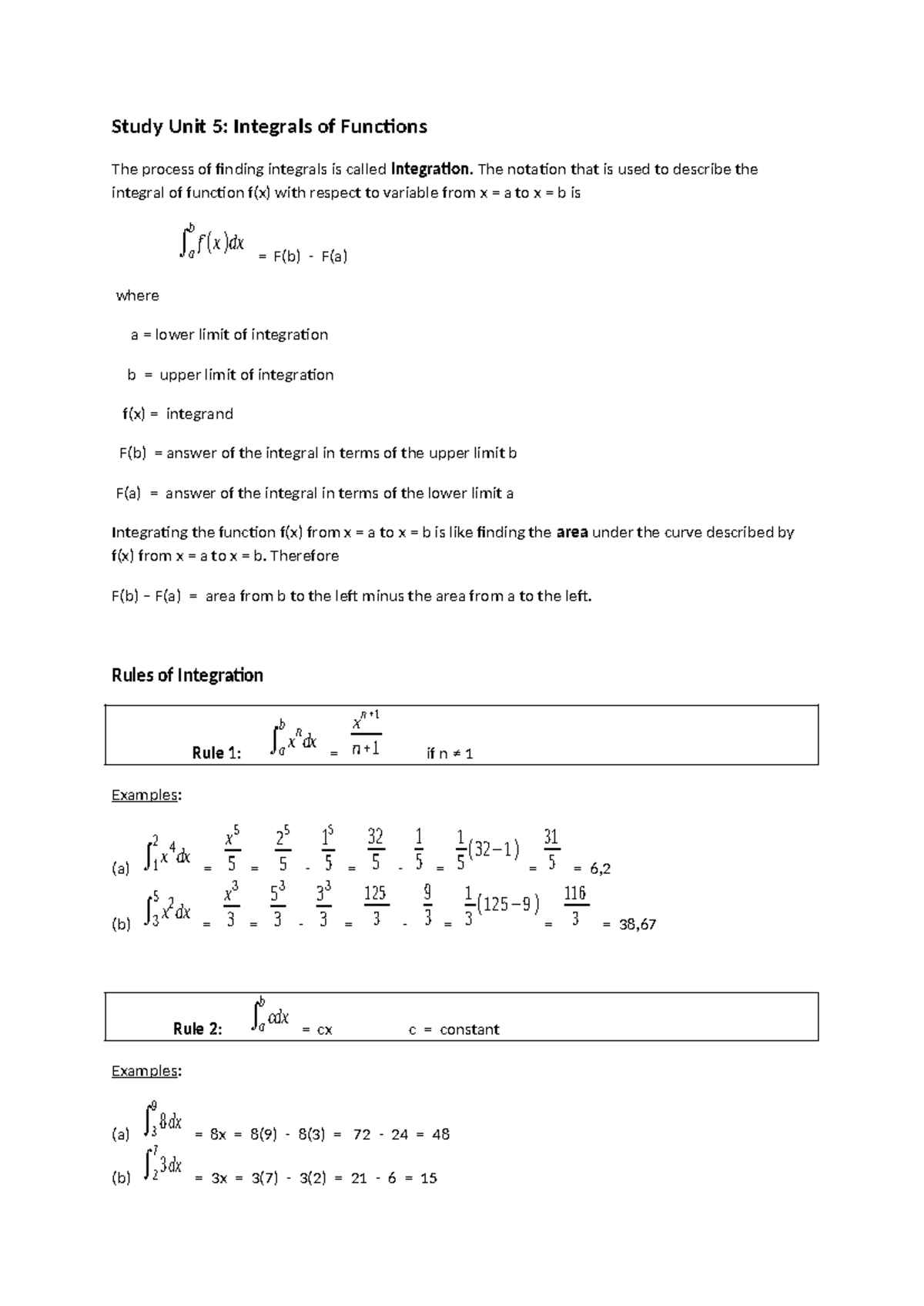 Study Unit 5: Integrals R1 to R4 - Studocu