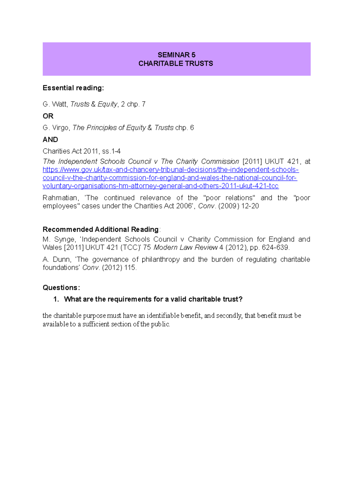Seminar 5 - Understanding Charitable Trusts and Public Benefit - Studocu