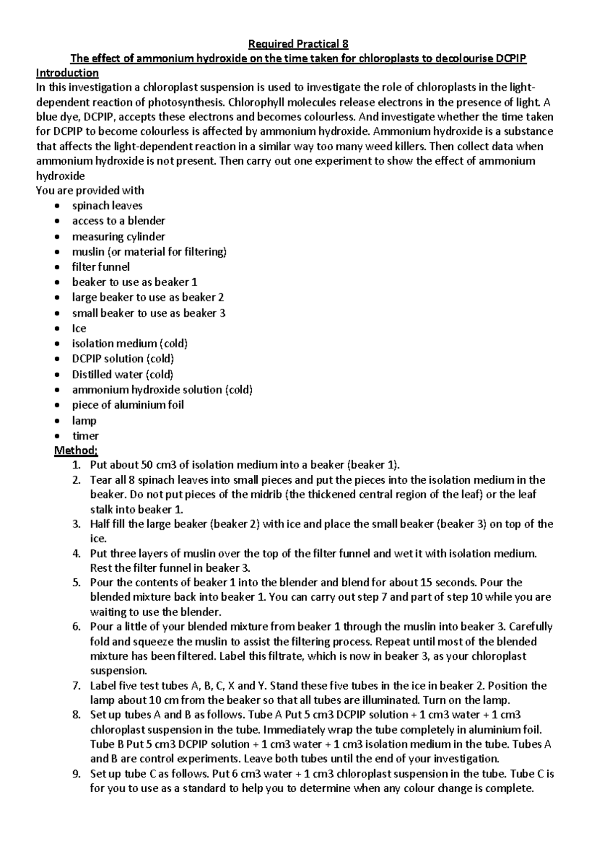 Required Practical 8: Effect of Ammonium Hydroxide on DCPIP ...