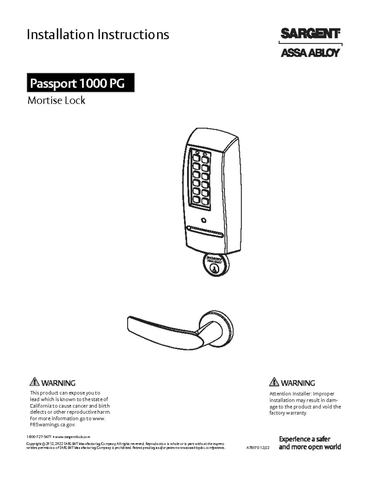 PG Passport 1000 Mortise Lock Installation Instructions - Studocu