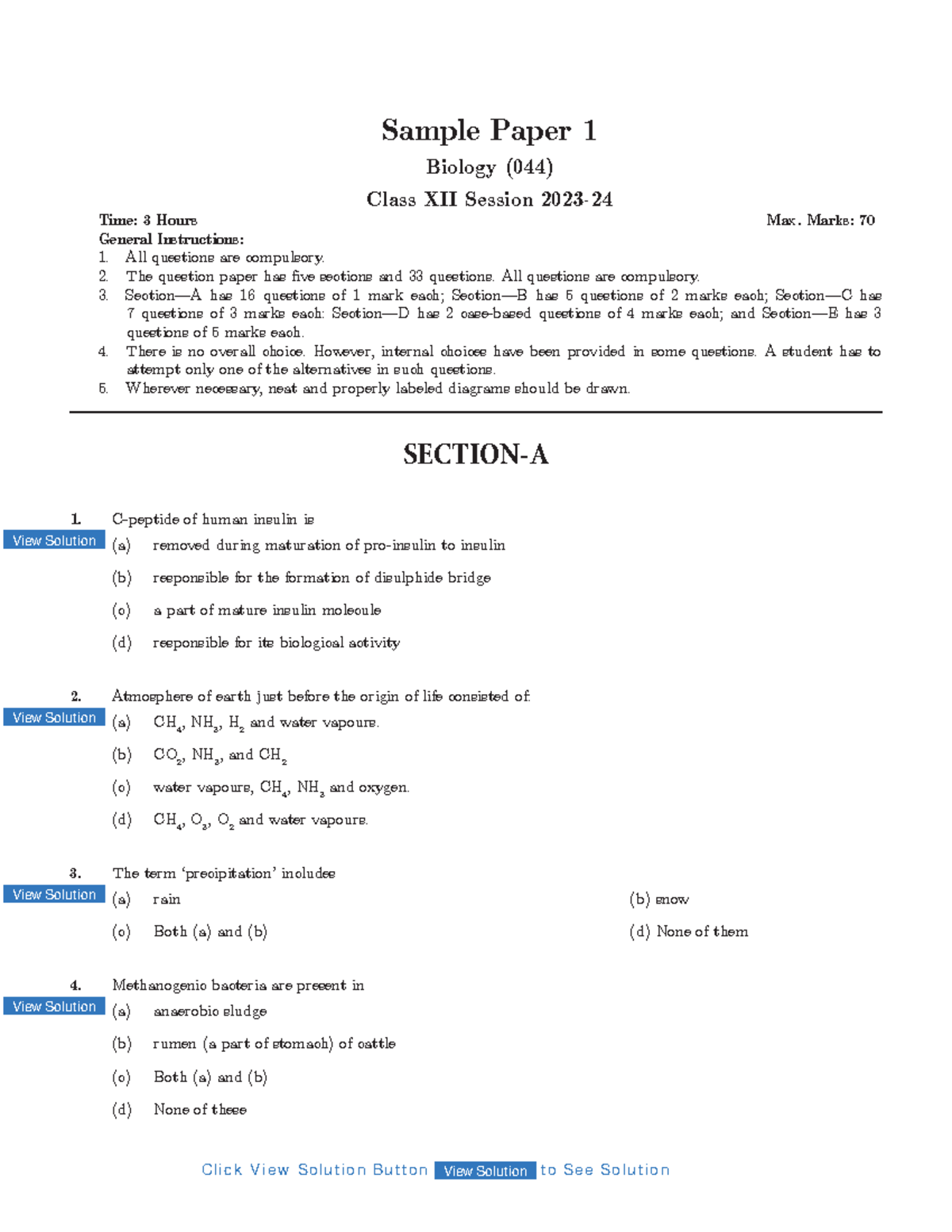 CBSE Class 12 Biology Sample Paper 1 - Session 2023-24 - Studocu