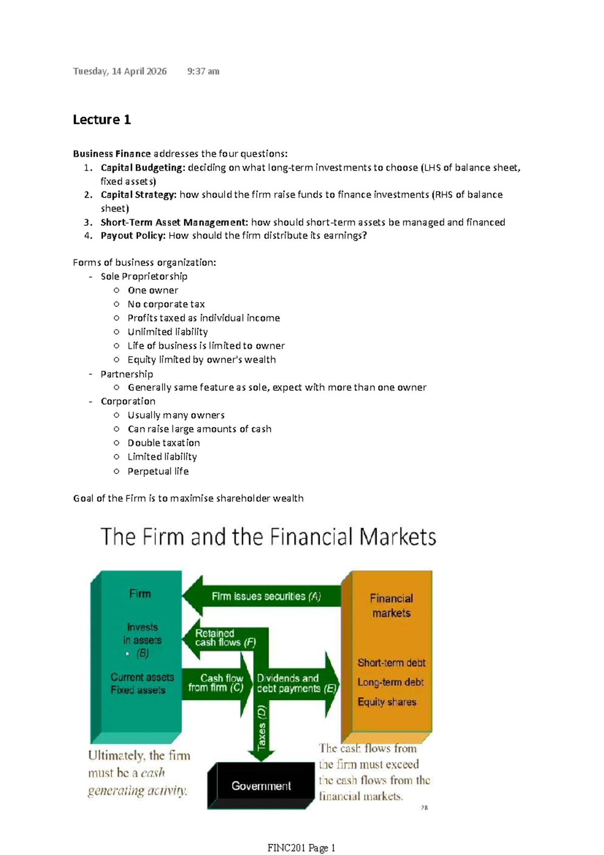 FINC201 Lecture Notes: Business Finance Overview and Key Concepts - Studocu