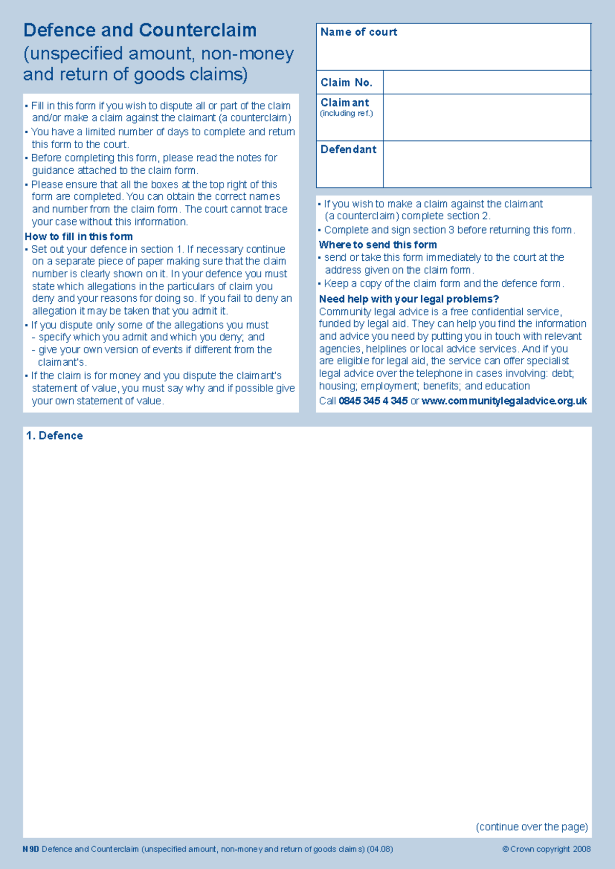 N9D Defence & Counterclaim Instructions (Non-Money Claims) - Studocu