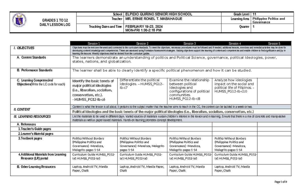 PPG12 - Week 4 Daily Lesson Log for Philippine Politics & Governance ...