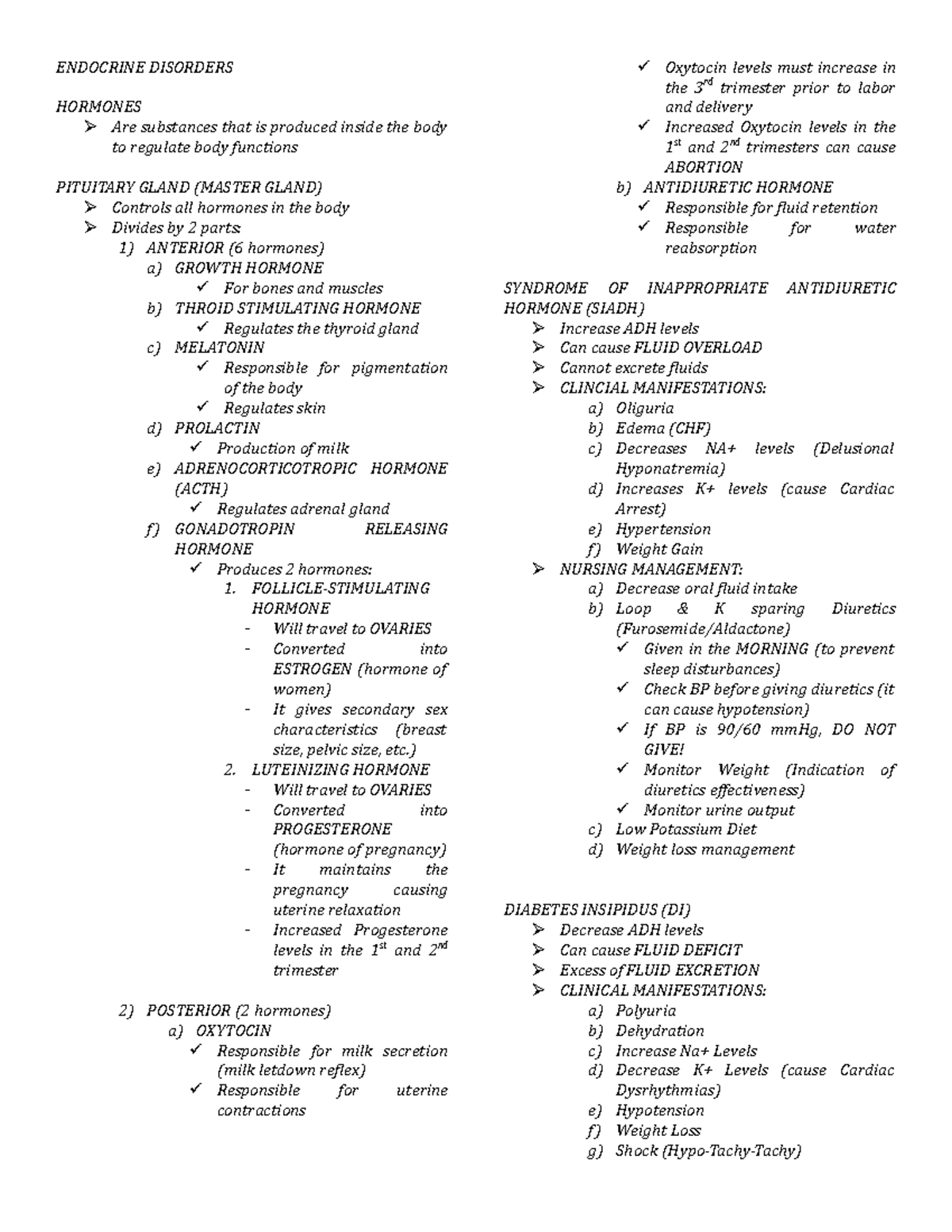 Endocrine Disorders Study Notes for Nursing (NURS 101) - Studocu