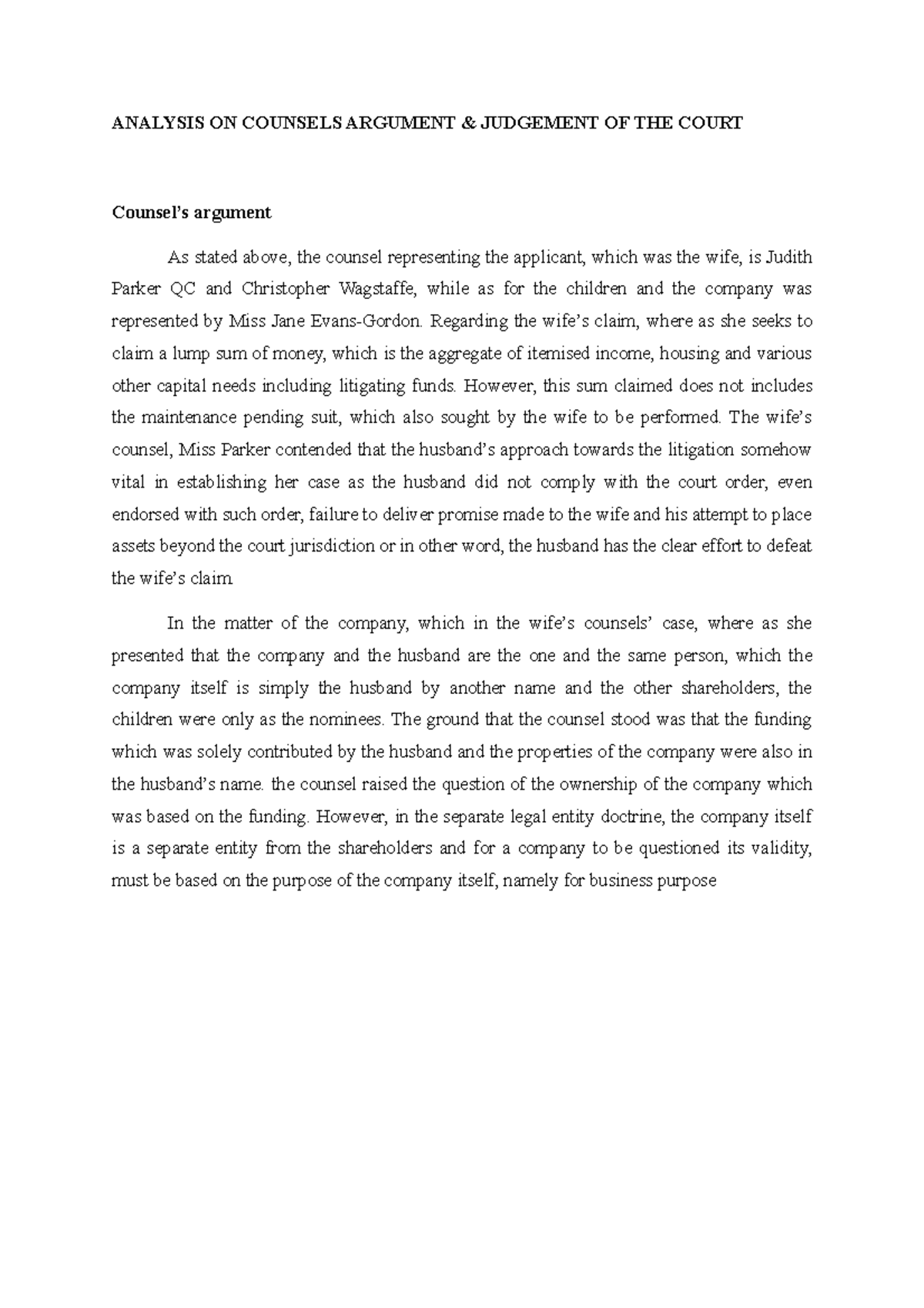 Analysis On Arguments - ANALYSIS ON COUNSELS ARGUMENT & JUDGEMENT OF ...