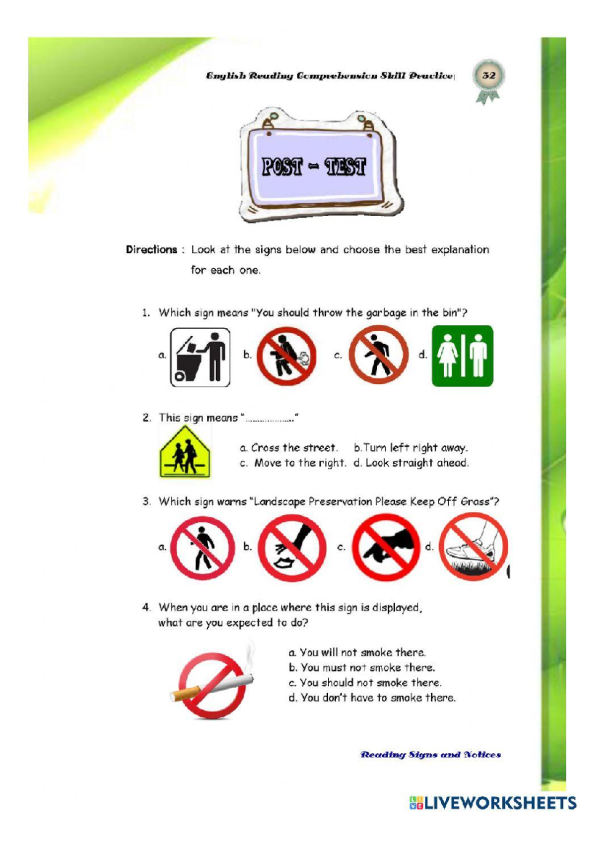 English Reading Comprehension Practice: Signs & Notices Worksheet ...