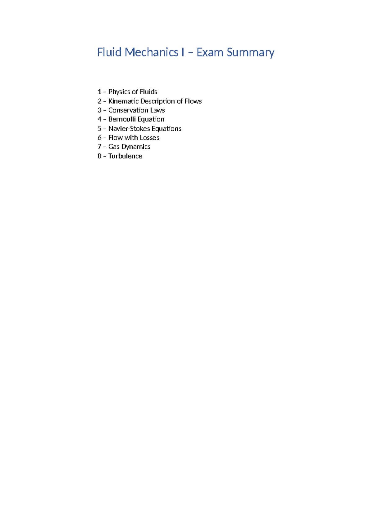 Fluid Mechanics I – Exam Summary and Key Concepts - Studocu