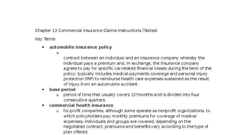 Chapter 12: Commercial Insurance Claims Overview & Key Terms - Studocu