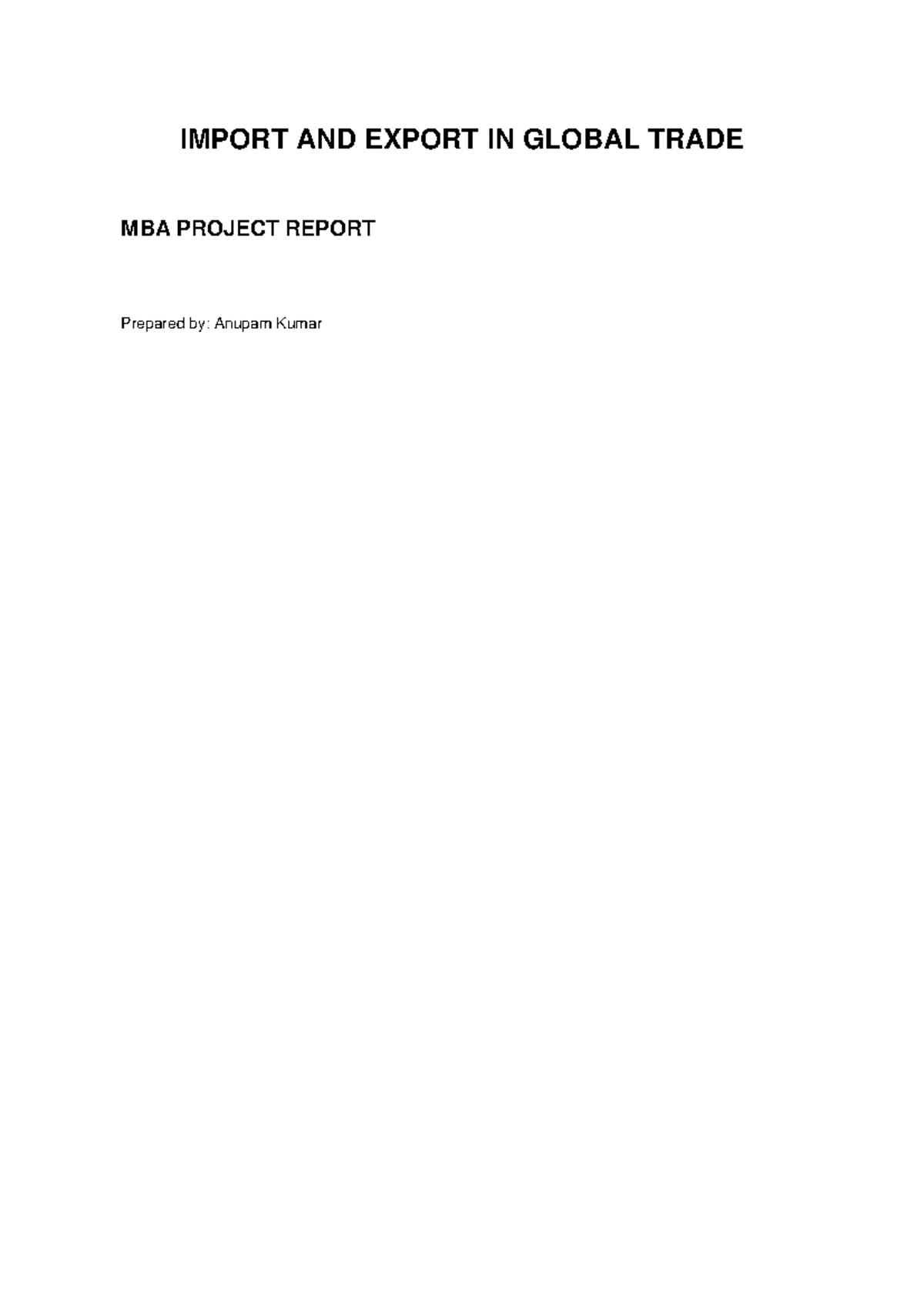 MBA Project Report: Import and Export in Global Trade Analysis - Studocu