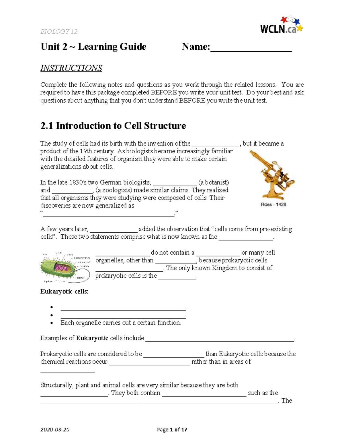 BI12 - Unit 2 - Cell Structure and Function Learning Guide - Studocu