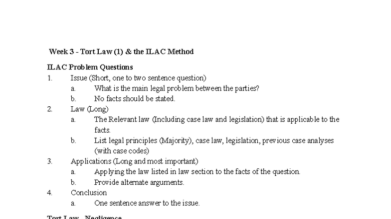 Week 3 Tort Law Overview: The ILAC Method and Key Principles - Studocu