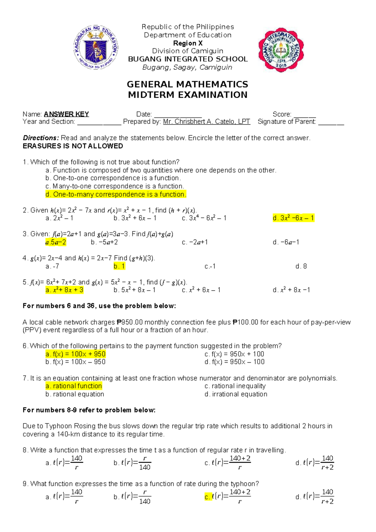 General Math TQ MIDTERM EXAM Answer Key by Mr. Catelo - Studocu