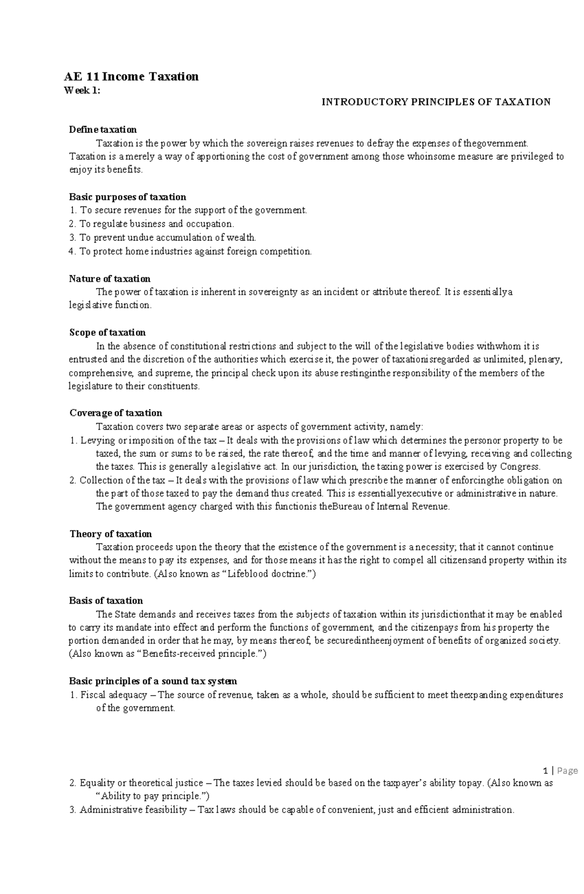 Week 1: Intro to Taxation Principles for AE 11 Income Taxation - Studocu