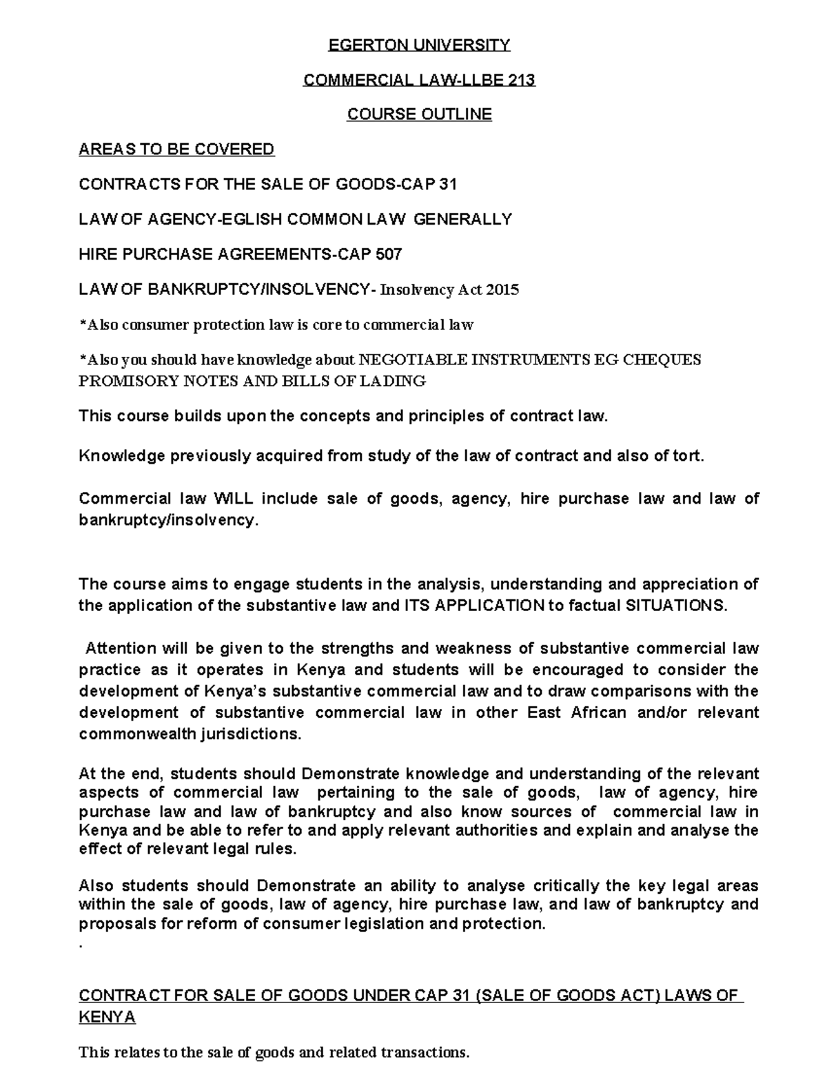 EGERTON UNIVERSITY COMMERCIAL 213: SUMMARY OF SALE OF GOODS LAW - Studocu