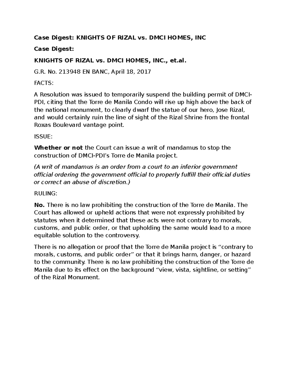 Case Digest: Knights of Rizal vs. DMCI Homes, G.R. No. 213948 - Studocu