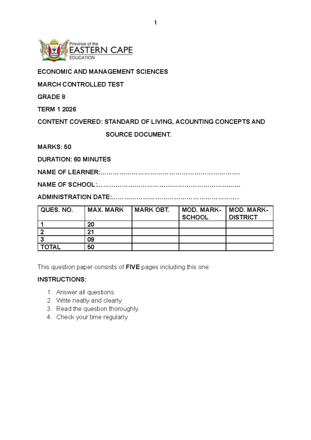 2026 EMS March Controlled Test: Grade 8 Term 1 Overview - Studocu