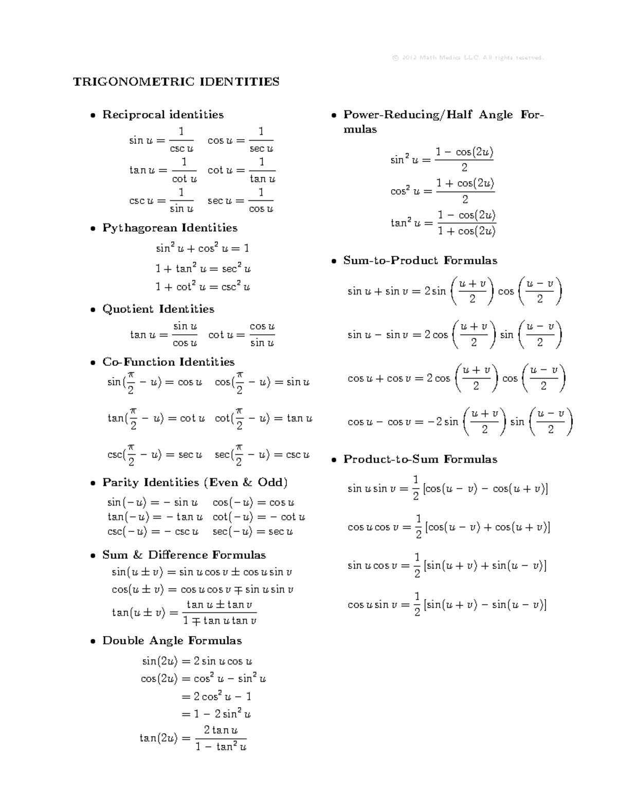 TRIG 2012 Lecture Notes: Trigonometric Identities - Studocu