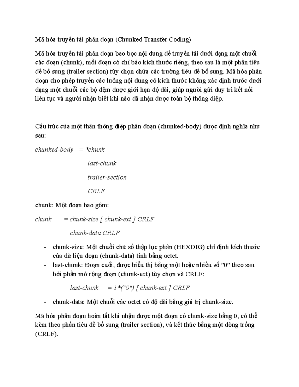 Mã hóa Truyền Tải Phân Đoạn (Chunked Transfer Coding) trong HTTP - Studocu