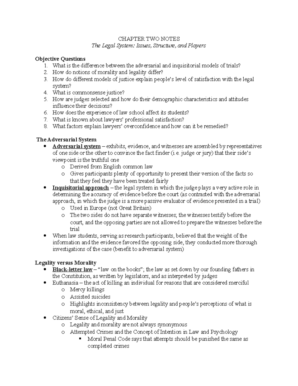 Chapter 2 Notes - CHAPTER TWO NOTES The Legal System: Issues, Structure ...