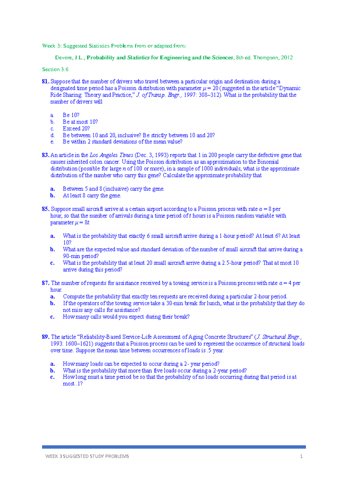 Week 3: Additional Suggested Statistics Problems (Devore, 8th Ed ...