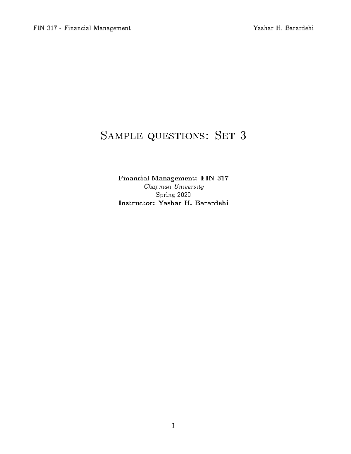 FIN 317 Spring 2020 Sample Questions for Financial Management Exam ...