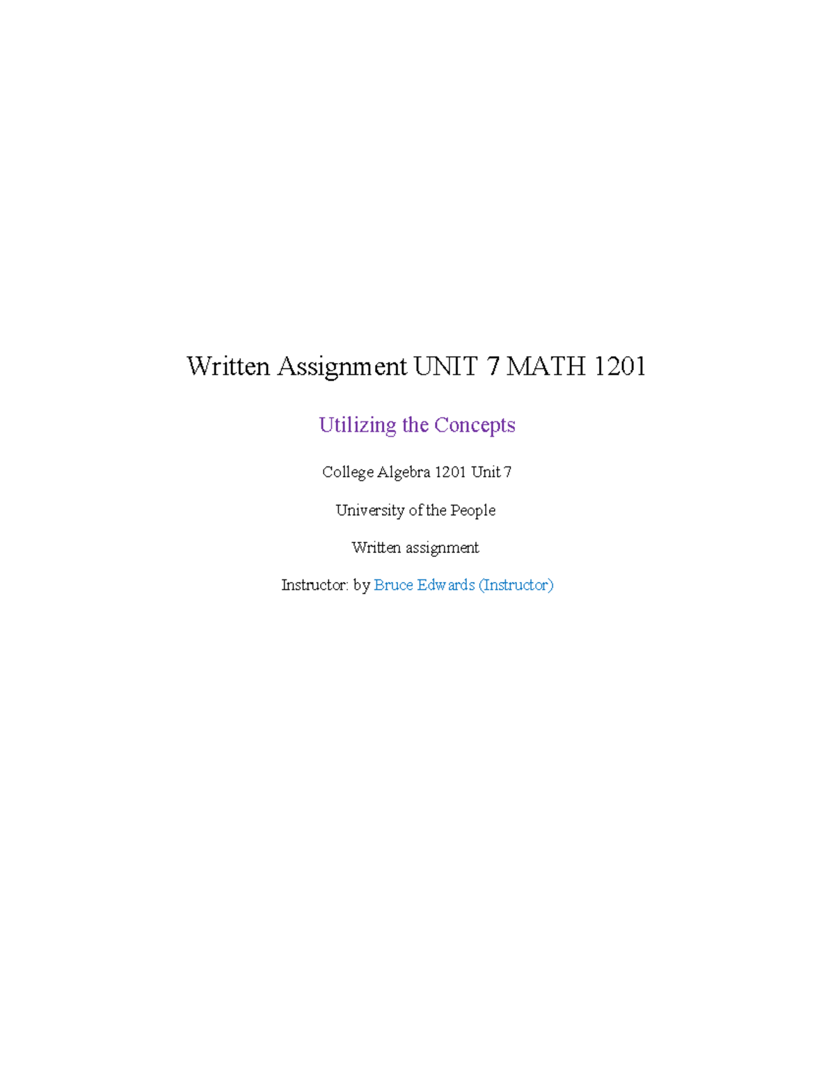 Math 1201 Written Assignment: Unit 7 Solutions & Concepts - Studocu