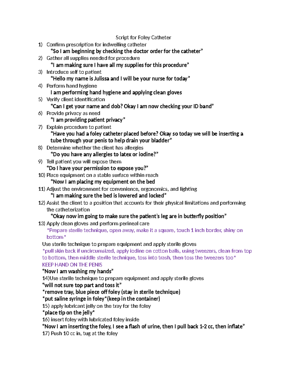 Foley Catheter Insertion Procedure Script: Nursing Guidelines - Studocu