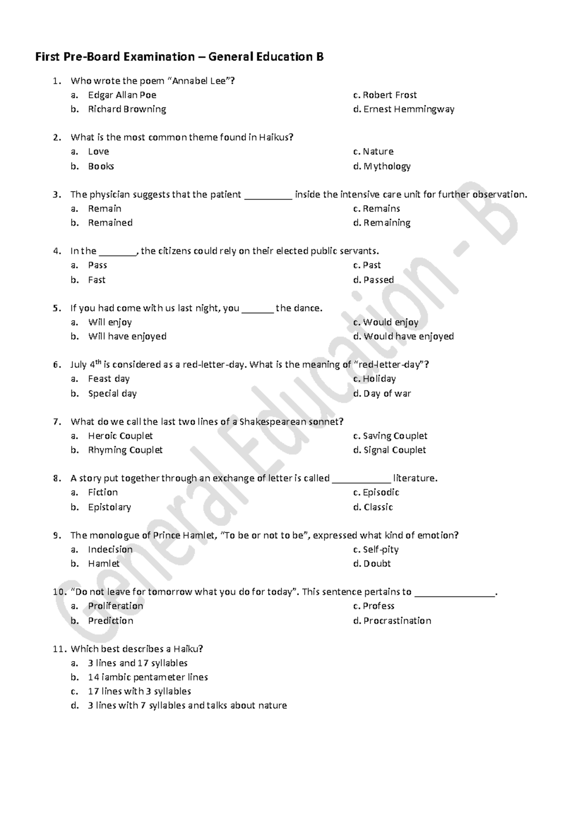 SURE LET B - General Education Preboard Exam Review & Answer Key - Studocu