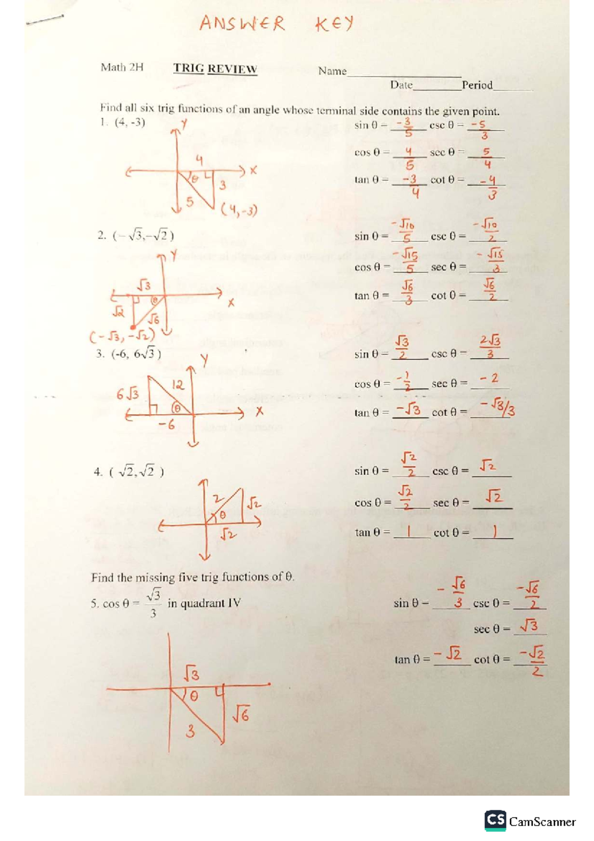 Math 2H Trig Functions Review &amp; Analysis - Answer Key - Studocu