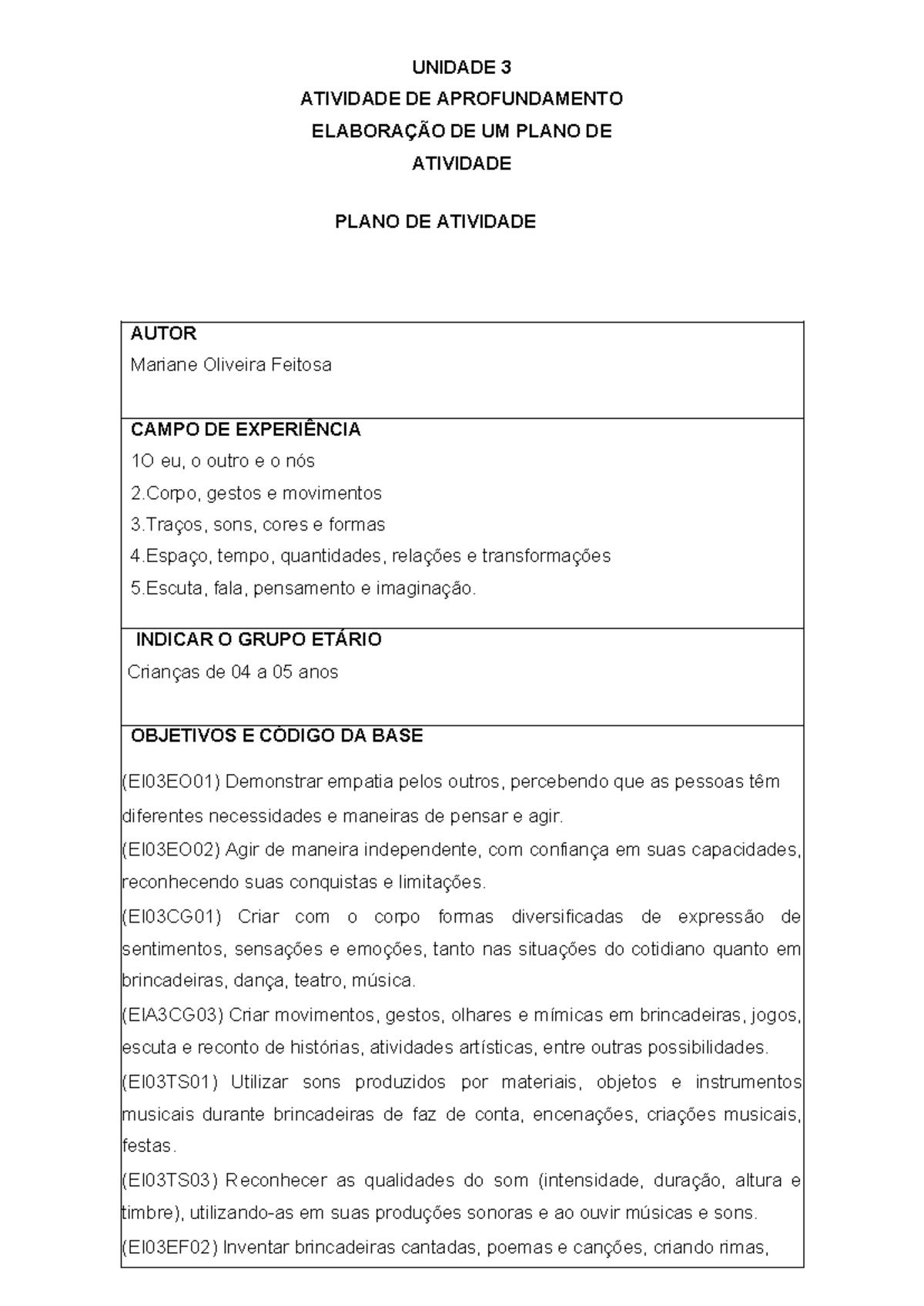 Prática de Ensino em Educação Infantil - Modelo Atividade III - Plano ...