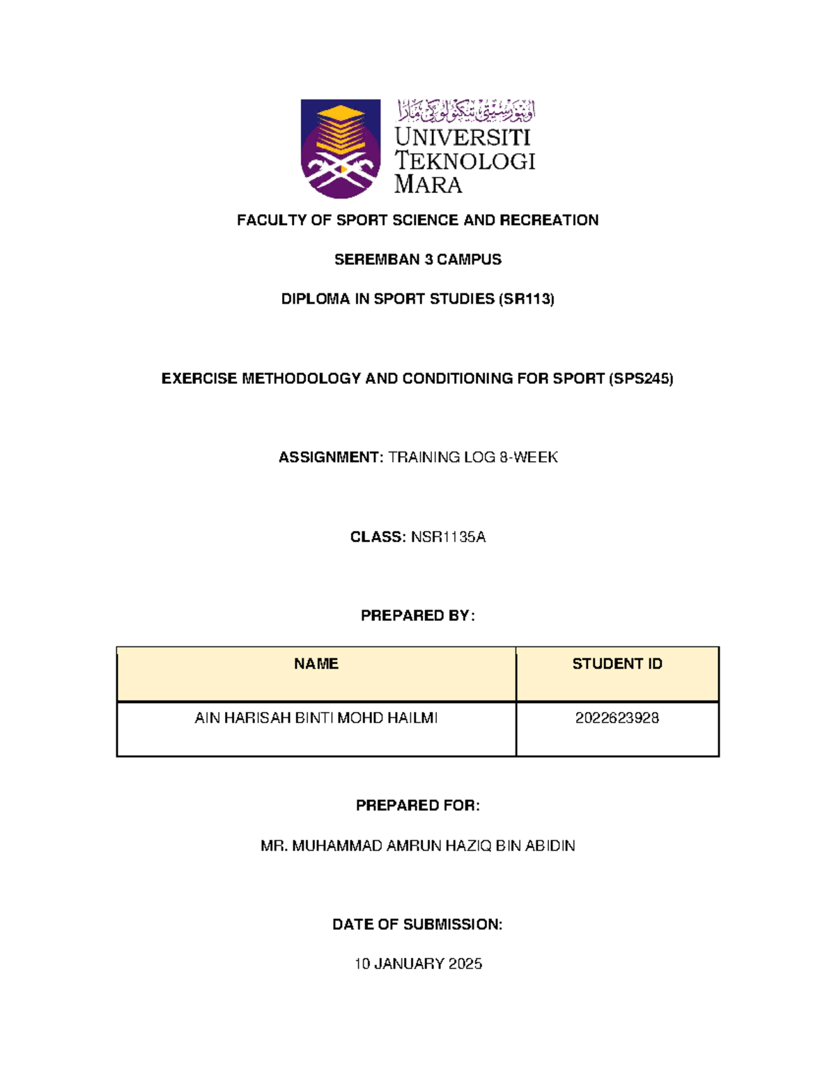 Training Log for Exercise Methodology & Conditioning (SPS245) - Studocu